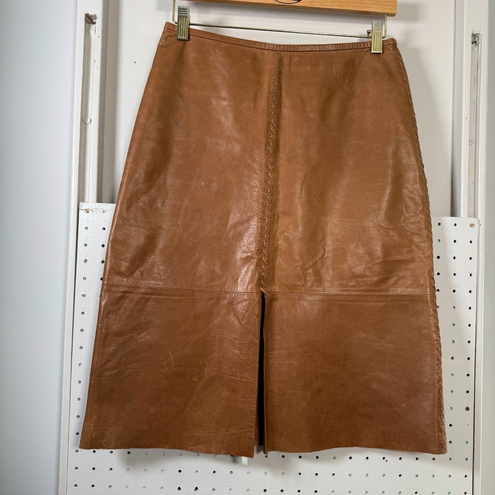 Banana Republic Midi Skirt Womens Genuine Leather Whipstitch Trim Front Slit - 4